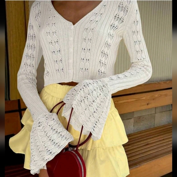 Spring And Summer New V-Neck White Hollow Thin Button Long Sleeved Knitted Cardi - Picture 1 of 4
